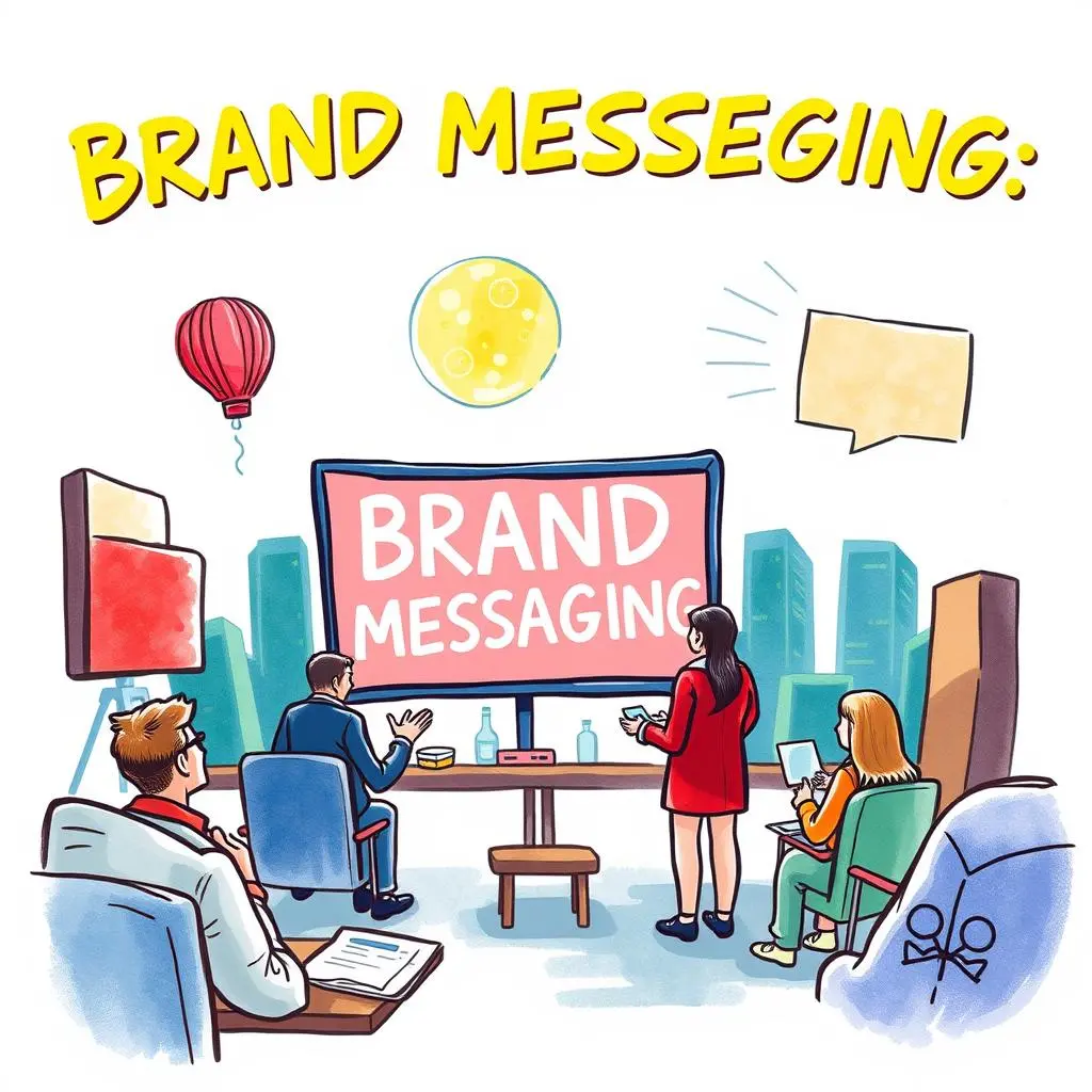 Audience resonance assessor: Evaluate how messages resonate with target audiences 1 Brand messaging meeting with a display showcasing "BRAND MESSAGING" in a corporate setting.