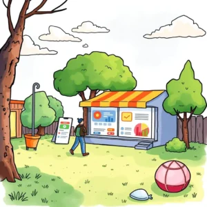 Centralized brand management tool visualization in a colorful outdoor setting with a user interacting.