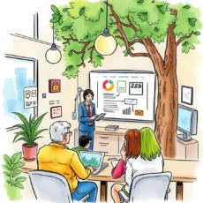 A team discusses data from the Attitude Assessment Tool in a modern office setting.