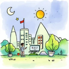 Person checking notifications on a mobile device in a serene cityscape.