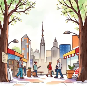 Objective definition assistant: Formulate clear brand study goals 4 A vibrant city scene featuring people engaging in conversation and shopping among tall buildings.
