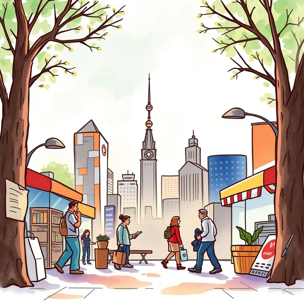 Objective definition assistant: Formulate clear brand study goals 1 A vibrant city scene featuring people engaging in conversation and shopping among tall buildings.