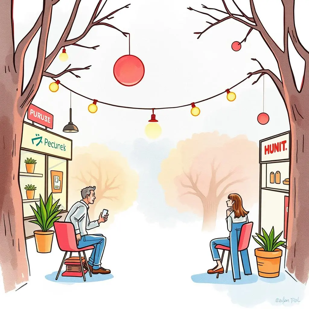 Objective output generator: Create structured goals for brand studies 1 An illustration of two individuals conversing in a cozy outdoor setting designed for brand discussions.