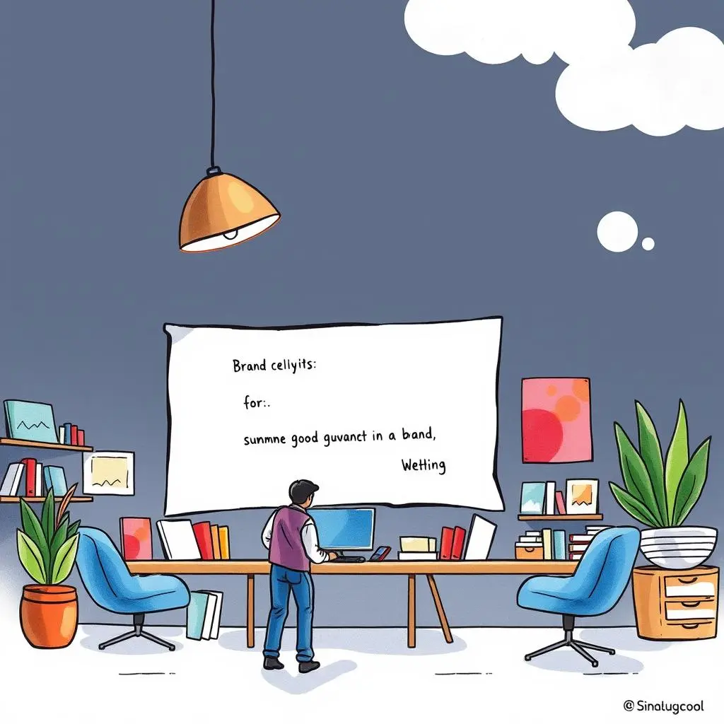 Concise brand descriptor: Summarize brand essence in a statement 1 Person analyzing branding concepts in a modern office setting.