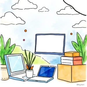 Catchy ad headline creation tools with laptops and greenery in a bright workspace