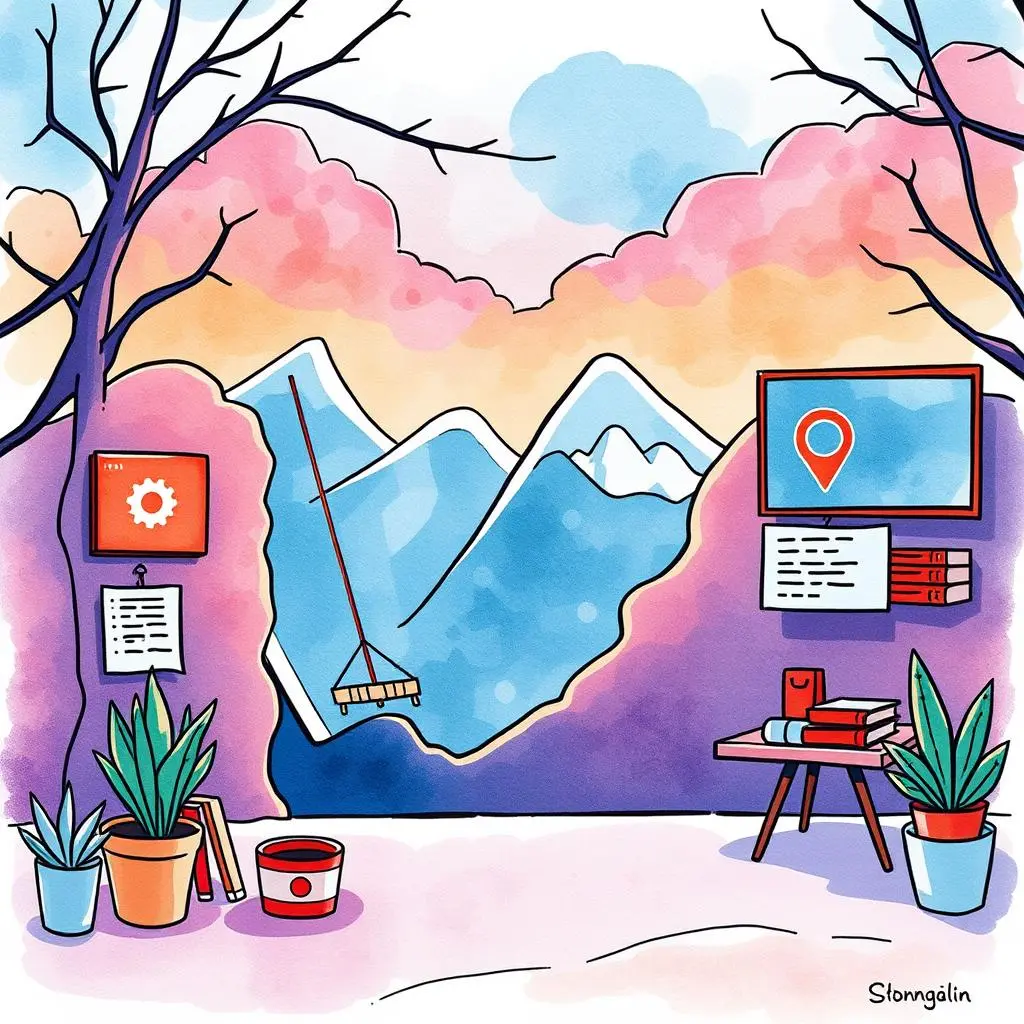 Logo usage advisor: Generate rules for logo application 1 A vibrant illustration depicting a workspace with mountains and trees, representing logo application strategies.