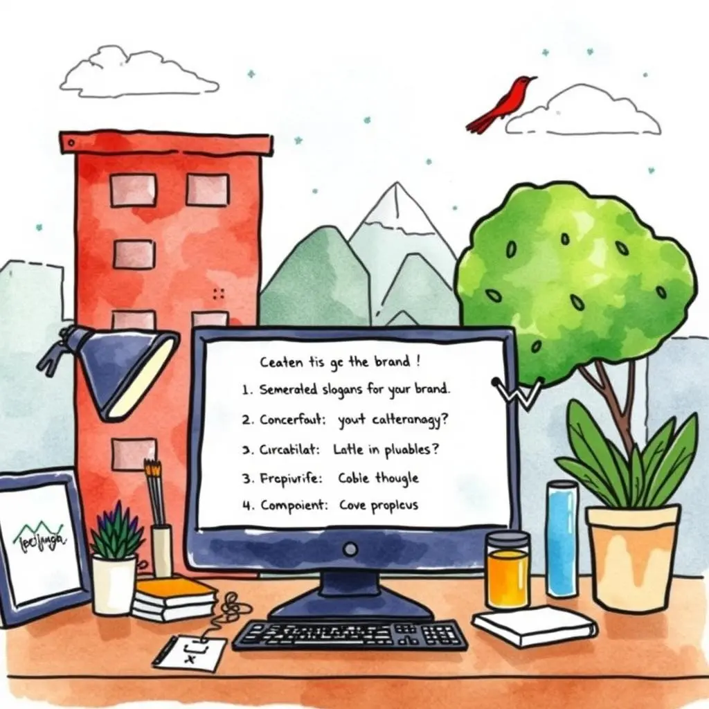 Slogan generator: Create memorable slogans for your brand 1 A bright workspace featuring a computer with slogan ideas and plants.