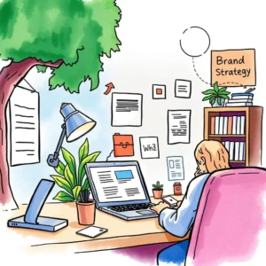 Person writing social media posts in a creative workspace with strategy notes.
