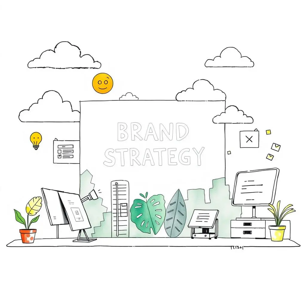 Tone of voice blueprint: Design a framework for brand communication style 1 A workspace illustration emphasizing brand strategy with plants and technology elements.