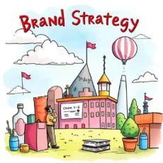 A creative illustration depicting a brand strategy scene featuring a thoughtful individual surrounded by various elements associated with branding.