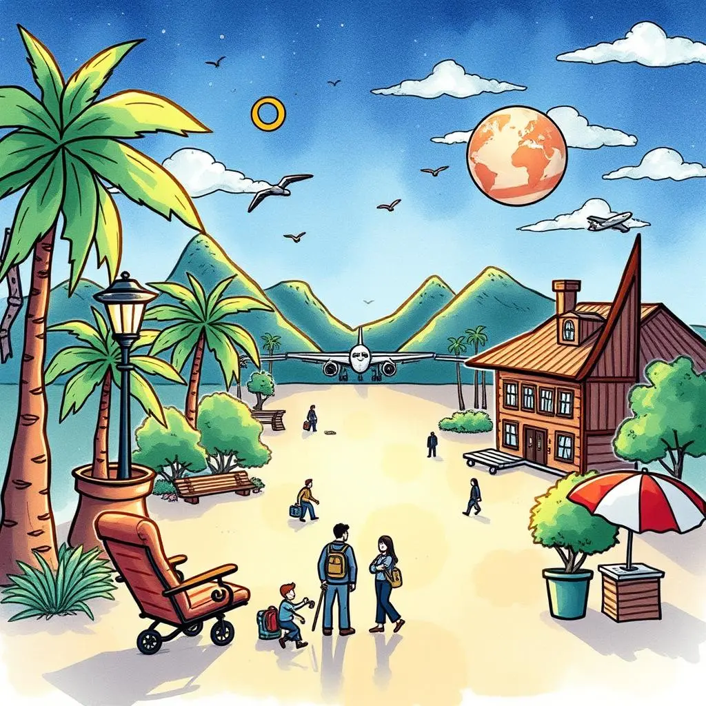Allocation proposal generator: Generate suggestions for budget allocations 1 A colorful beach scene featuring travelers, palm trees, and an airplane ready for takeoff
