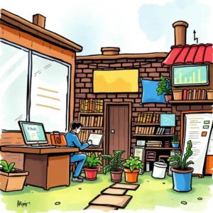 A person analyzing budget data in a cozy home office filled with plants and bookshelves.