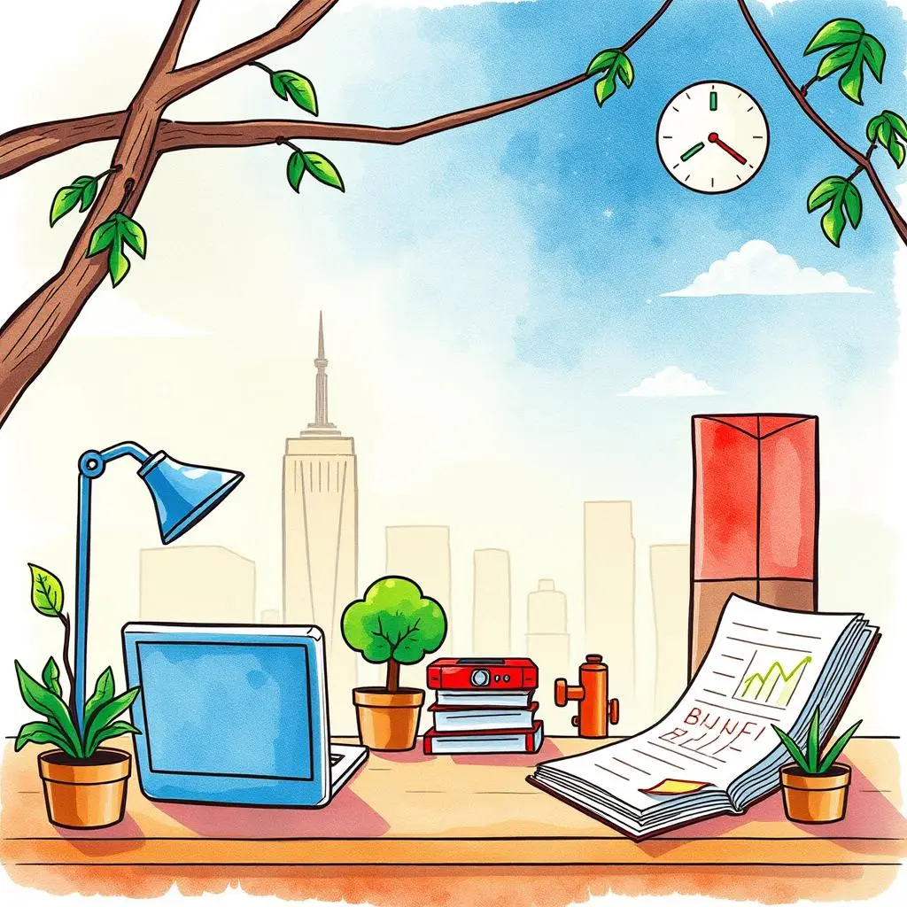 Budget analysis creator: Analyze and summarize your budget for clarity 1 A serene workspace featuring a laptop, potted plants, and budget analysis materials against a city skyline