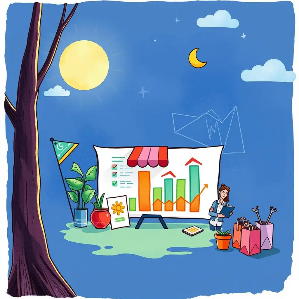 Budget overview summarizer: Summarize overall budget status for marketing campaigns 1 A marketing analyst reviewing a budget overview chart in a bright outdoor setting with graphs and tools
