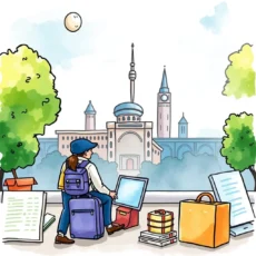 Person planning budget distribution with travel bags and city skyline.