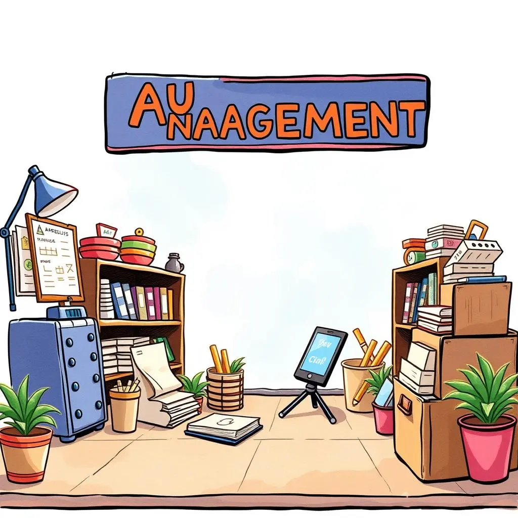 Monthly spending outline: Outline monthly expenses for effective budget management 1 A colorful illustration of a workspace filled with books, folders, and office supplies emphasizing budgeting tools for marketing.