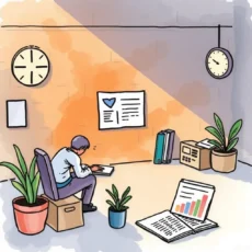A person working on budget assumptions in a finance office, surrounded by plants and paperwork.