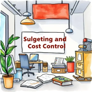 A modern office workspace for budgeting and cost control, featuring tools and plants.