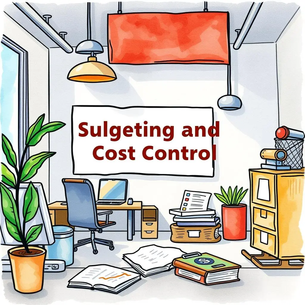 Budget adjustment notifier: Notify about budget adjustments and changes 1 A modern office workspace for budgeting and cost control, featuring tools and plants.