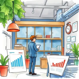 A professional analyzing budget reports in an office setting, surrounded by charts and documents.
