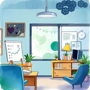 Bright office with charts, plants, and budget planning elements.