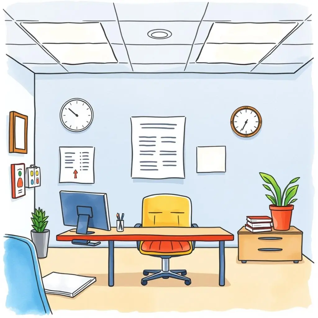 Budget communication assistant: Generate clear messages about budget issues efficiently 1 A modern office setting with a desk, computer, and organized materials for budgeting tasks.