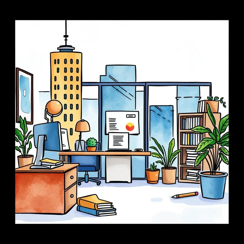Expense calculation assistant: Automate calculation of estimated expenses 1 A modern office space with plants, a desk, and budgeting tools.