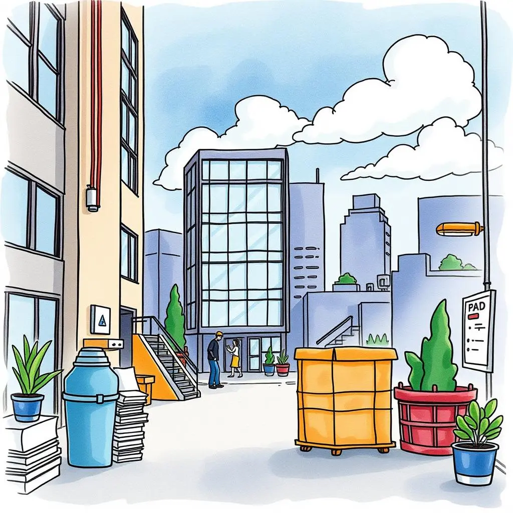Change order document creator: Create standardized change order documents for renovations 1 A modern outdoor setting showcasing a building renovation scene with workers interacting.