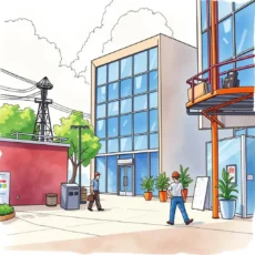 A modern office scene with two individuals walking in a landscaped plaza.
