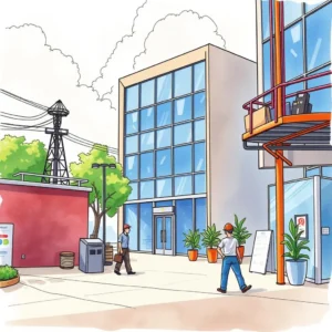 Dynamic space planning assistant: Assist in generating plans for evolving space needs 2 A modern office scene with two individuals walking in a landscaped plaza.