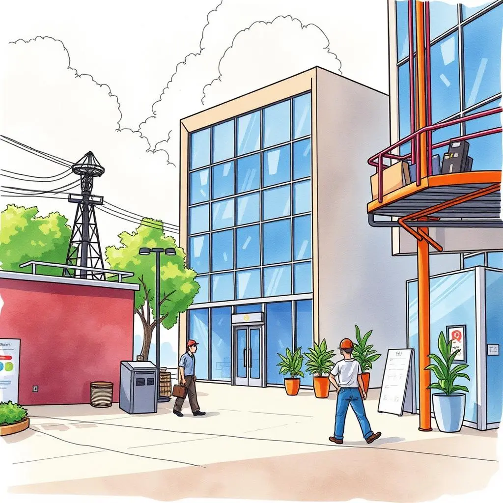 Dynamic space planning assistant: Assist in generating plans for evolving space needs 1 A modern office scene with two individuals walking in a landscaped plaza.