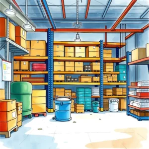 A neatly organized storage room filled with colorful boxes and containers for inventory management.