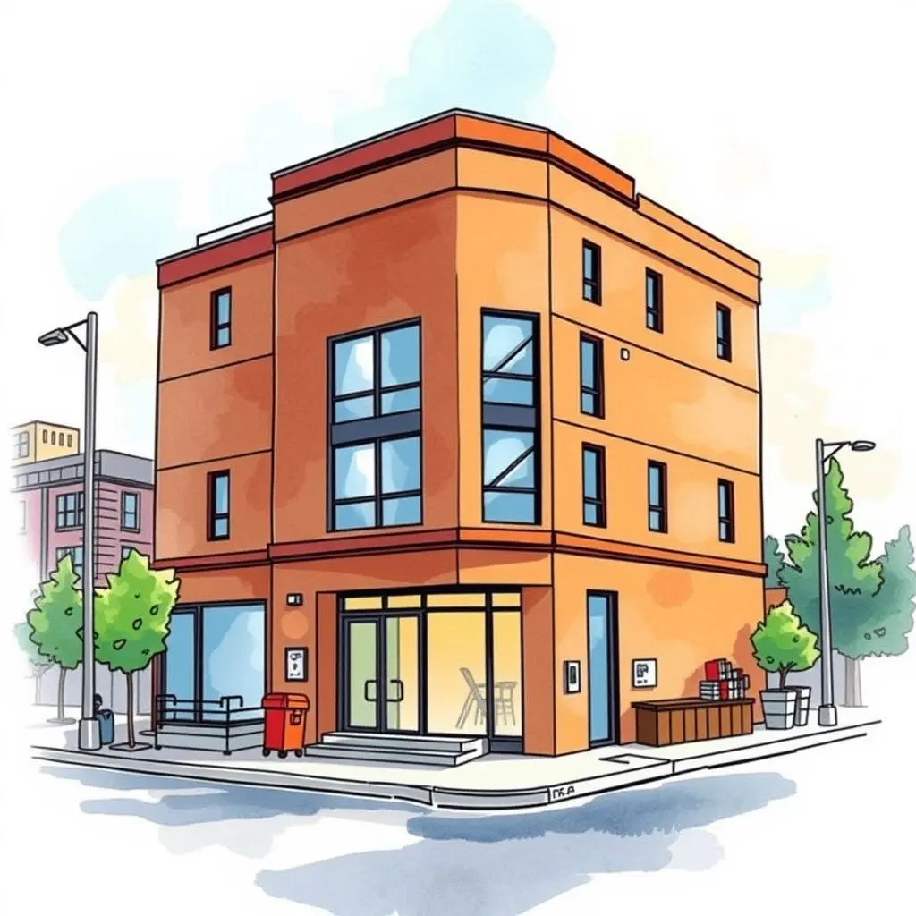 Renovation project planner: Generate detailed renovation plans and timelines 1 Colorful illustration of a modern building for renovation project planning.