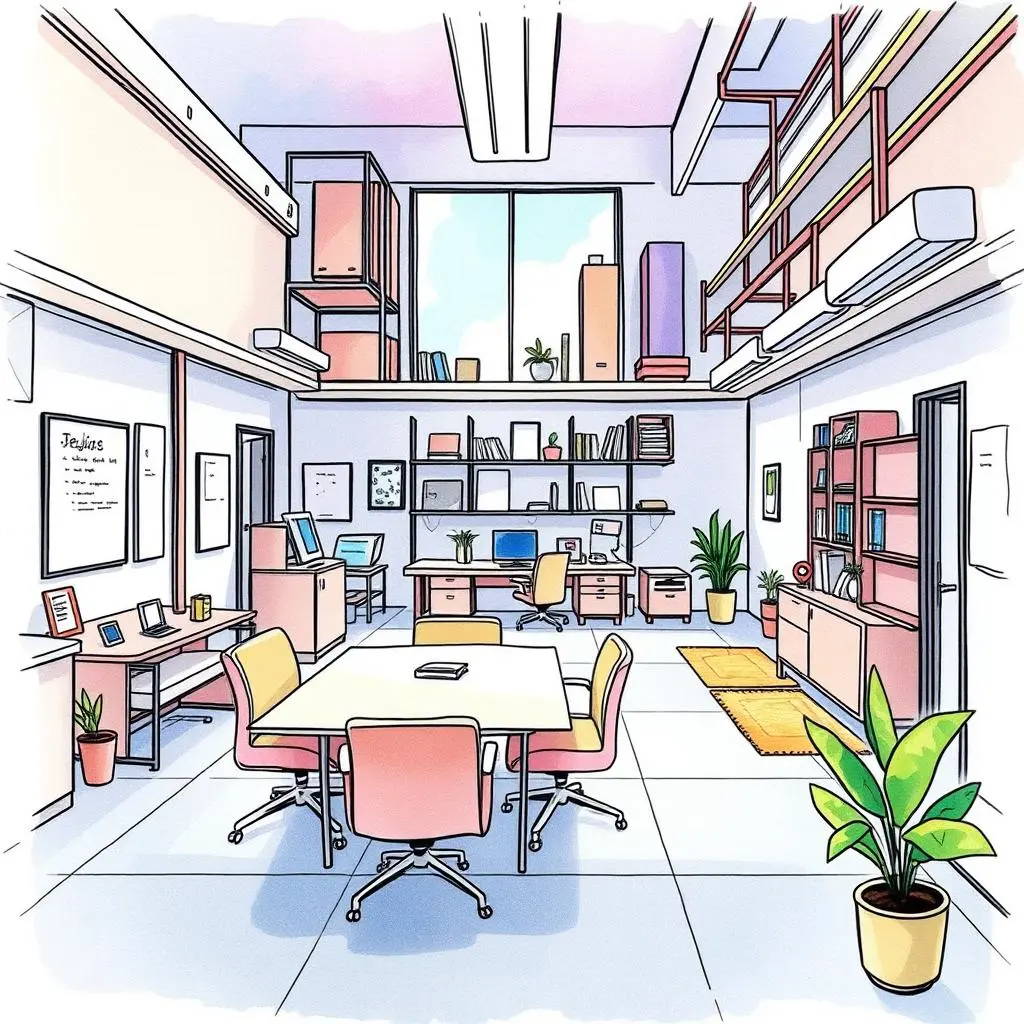 Room configuration generator: Create optimal room layouts for various needs 1 Optimized room layout featuring a modern office space suitable for various administrative tasks