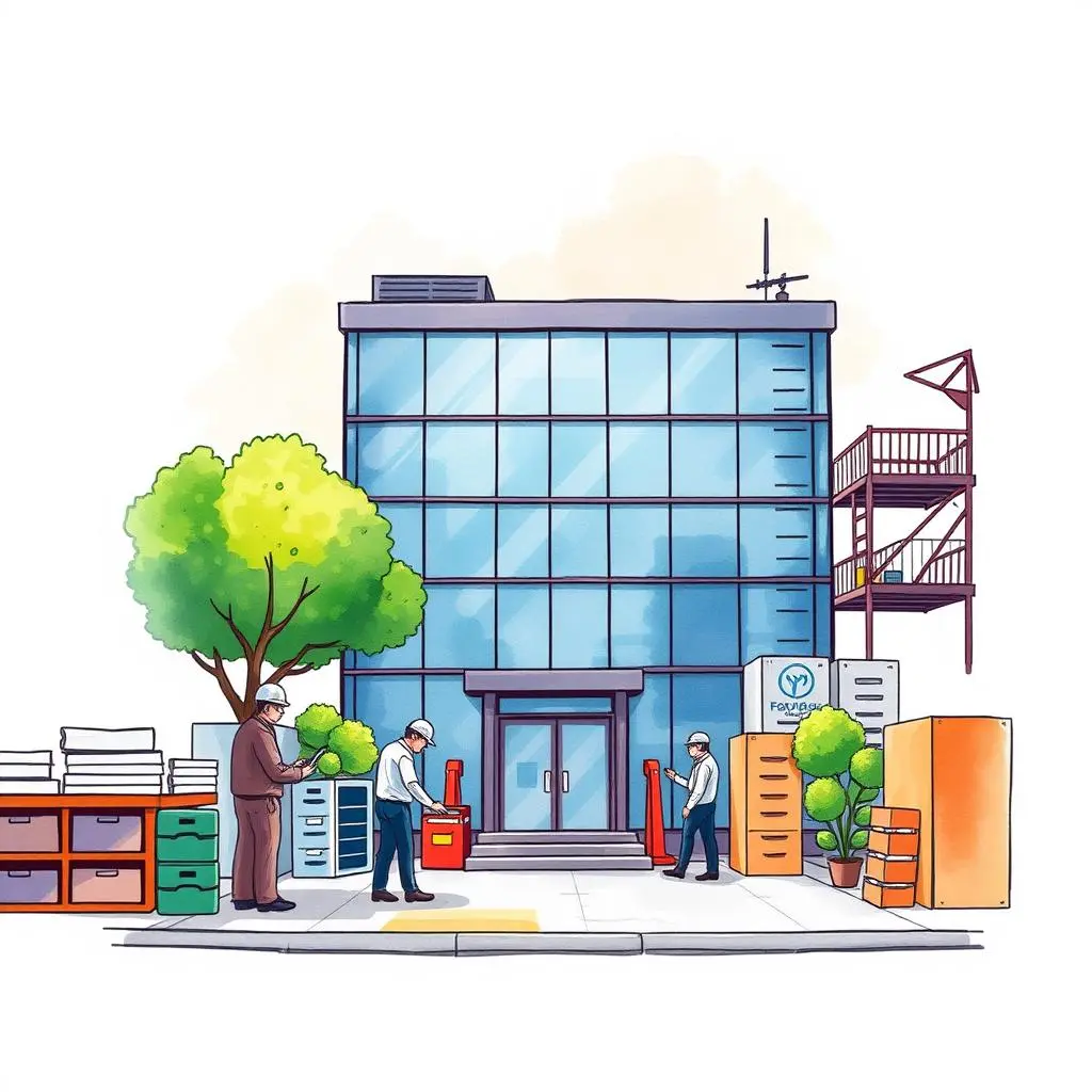 Vendor performance evaluator: Assess vendor performance metrics and insights 1 A modern building with workers managing supplies and equipment in a facility operations context