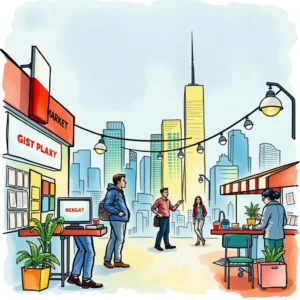 Market scene with professionals discussing insights in a bustling city environment.