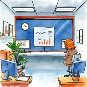 Customer interaction analysis tool: Summarize call performance insights 3 An office scene featuring a professional analyzing call performance data.