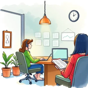 A customer experience specialist working on a computer while reviewing customer feedback.