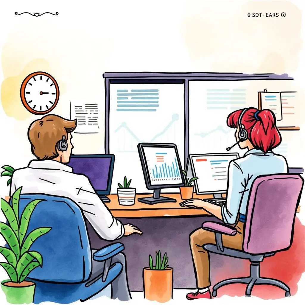 Voip call performance advisor: Recommend improvements from call metrics evaluation 1 VoIP Call Performance Advisor scene with analysts reviewing call metrics in a customer service setting
