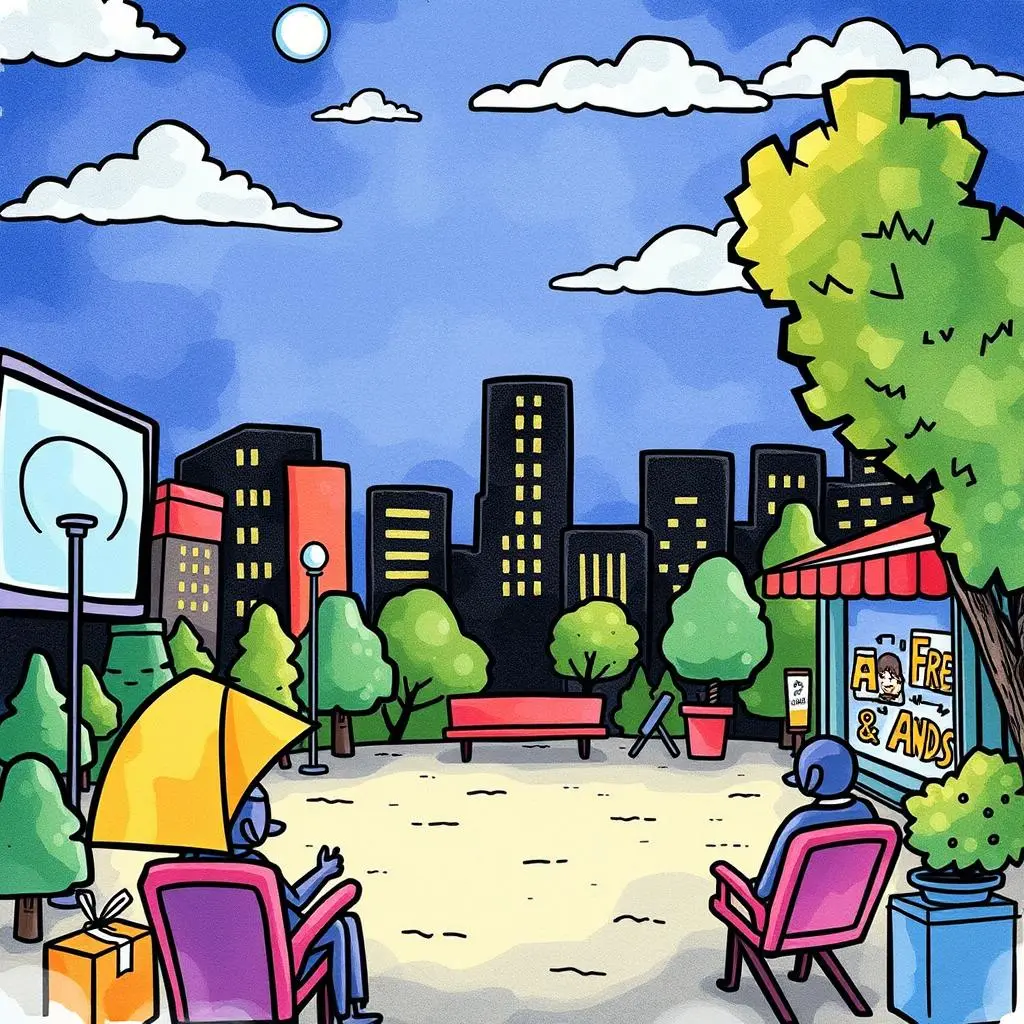 Catchy slogan creator: Craft memorable slogans for campaigns 1 A vibrant city park scene featuring two people sitting under colorful umbrellas, ideal for marketing inspiration
