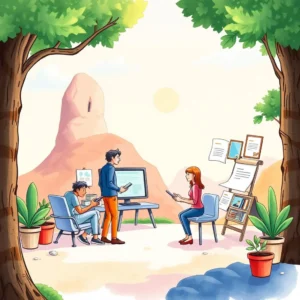 Creative team discussing design concepts in a vibrant outdoor workspace.