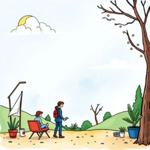 Two individuals brainstorming ideas in a serene outdoor setting.