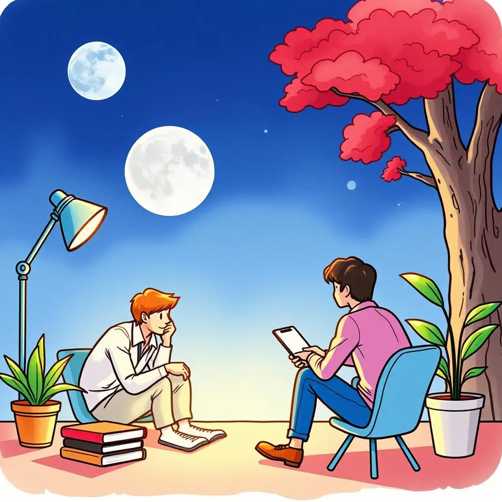 Recruitment referral email composer: Compose effective referral emails in seconds 1 A serene scene of two people engaged in a thoughtful discussion under a night sky with colorful foliage.