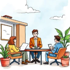 Professionals discussing referral connection requests in a modern office.
