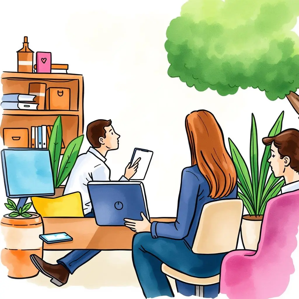 Referral invitation message maker: Develop engaging referral invitations automatically 1 A professional meeting scene where a candidate presents to HR representatives in an office setting
