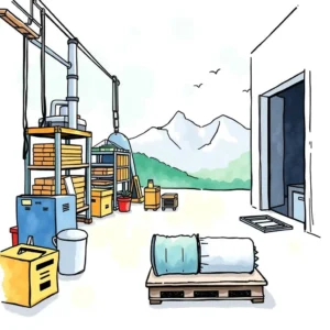 A vibrant manufacturing space with shelves of materials and mountains in the background, showcasing resources for scheduling.