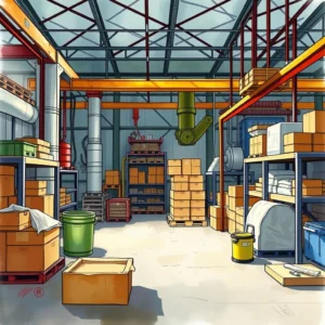 Warehouse interior showcasing organized storage and resource allocation for manufacturing processes