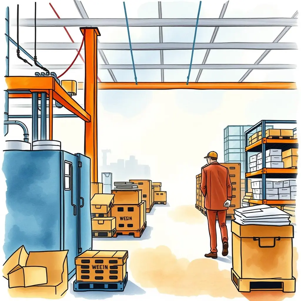 Warehouse setting with a person evaluating supplier-related issues.