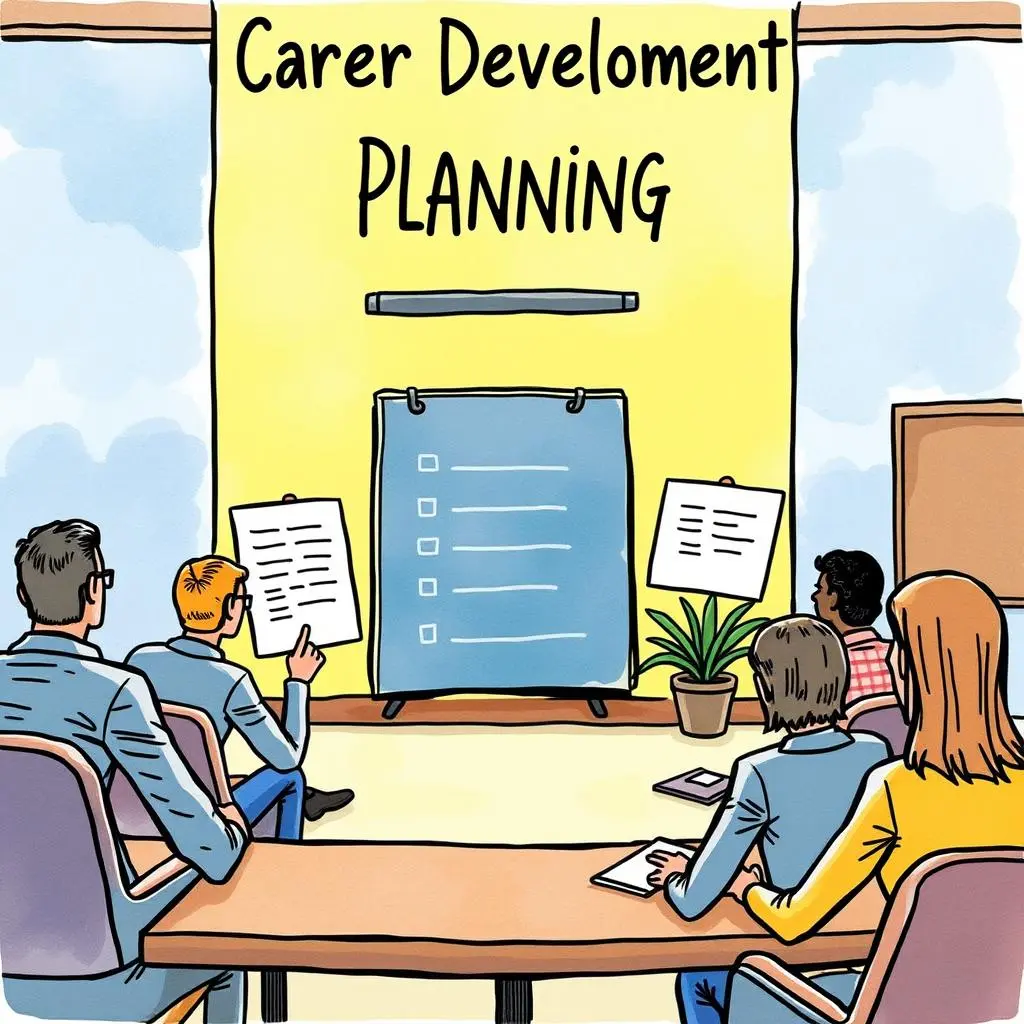 Feedback action plan formulator: Outline actionable plans based on session feedback 1 Team collaborating on career development planning with actionable feedback charts.