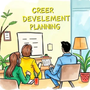 Feedback session highlights generator: Generate highlights from key discussion points in sessions 6 Professionals engaged in a feedback session for career development planning.